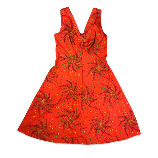 Vintage Orange Floral Summer Dress 6 8 10
