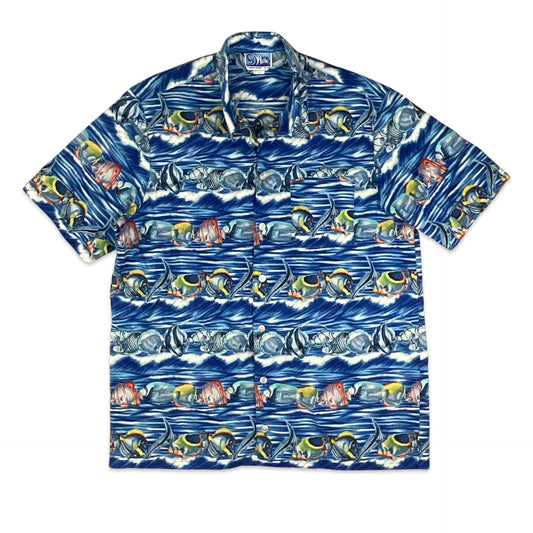 Vintage Blue Fish Print Shirt M