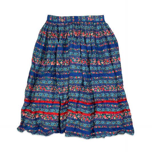 Vintage Blue Floral Print Boho Pleated Midi Skirt 6