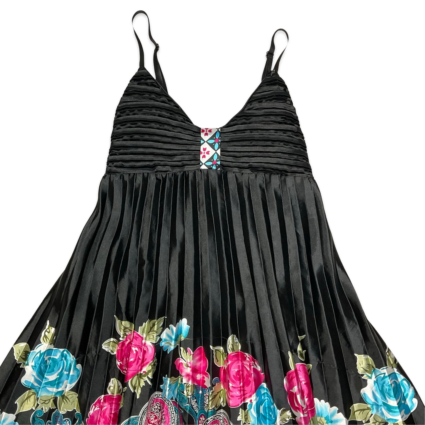 90s Black Pink & Blue Floral Pleated Midi Dress 8 10