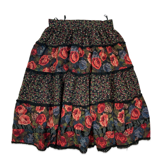 Vintage Black & Red Floral Tiered Prairie Skirt 10