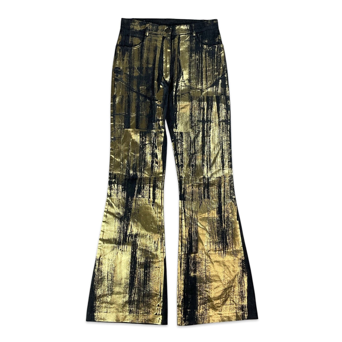 90S Y2K Dark Denim & Metallic Gold Wide Leg Jeans 6 8