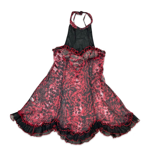 90s Y2K  Black Red Animal Print Halter Neck Sheer Baby Doll Slip Dress 8 10