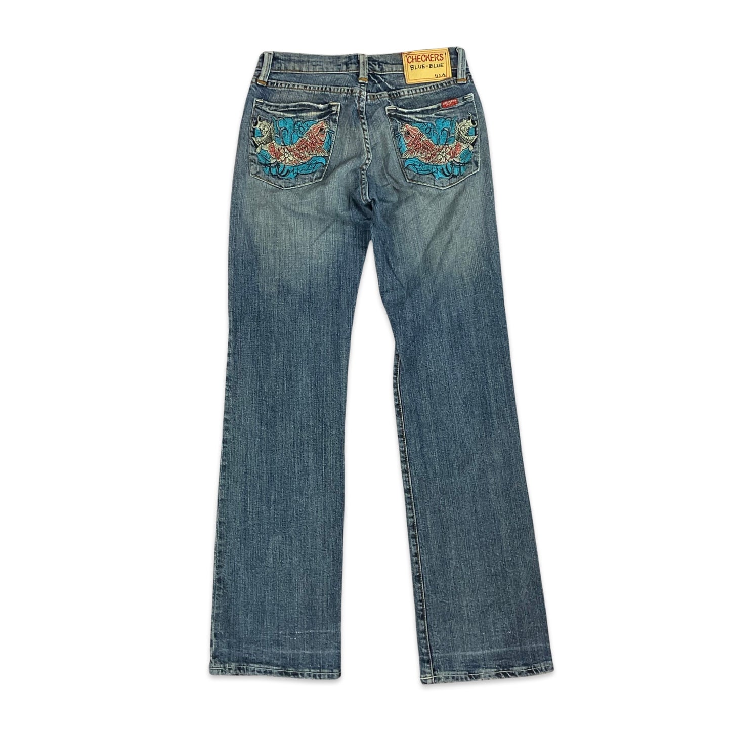 Y2K Light Blue Low Rise Straight Leg Jeans with Japanese Koi Carp Embroidery