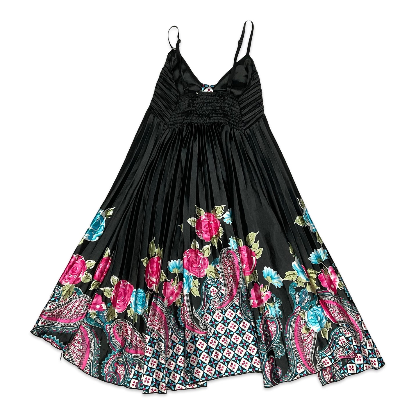 90s Black Pink & Blue Floral Pleated Midi Dress 8 10