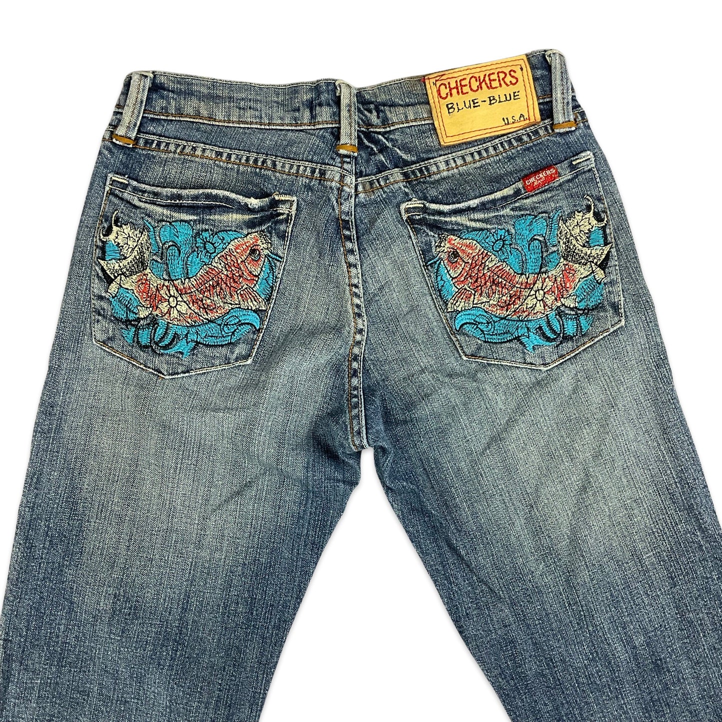 Y2K Light Blue Low Rise Straight Leg Jeans with Japanese Koi Carp Embroidery