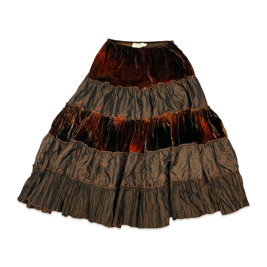 90s Brown & Orange Tiered Midi Skirt 12 14