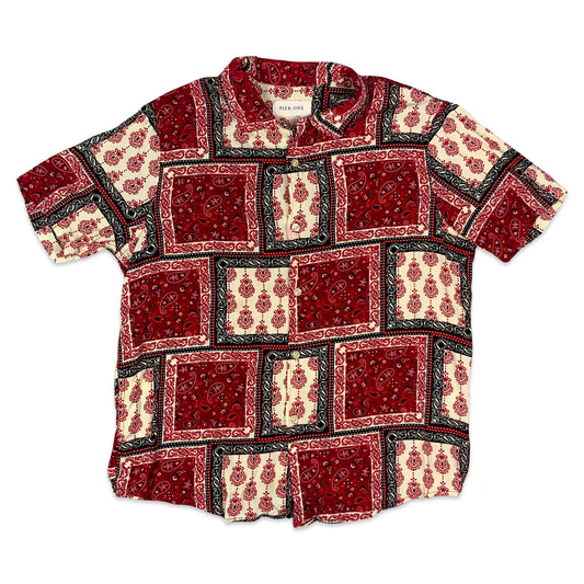 90s Red White & Black Paisley Print Shirt M