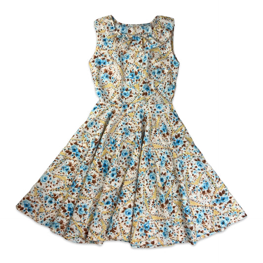 Vintage White & Blue Floral Shift Dress 6 8 10