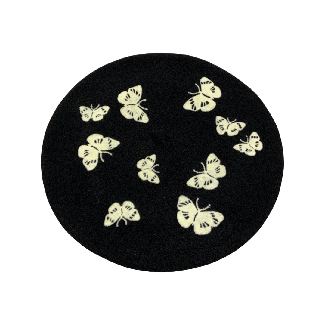 Vintage Black Cream Butterfly Beret