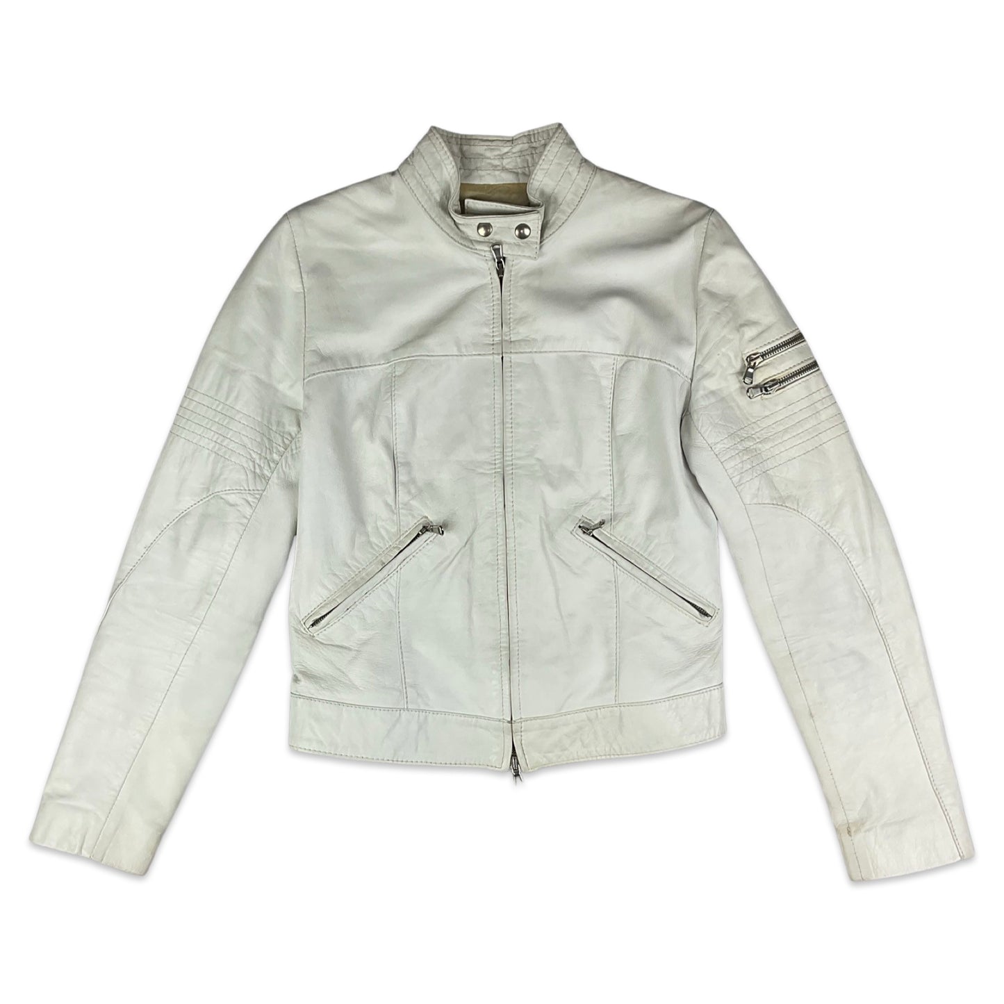 Y2K White 2 Way Zip Leather Jacket