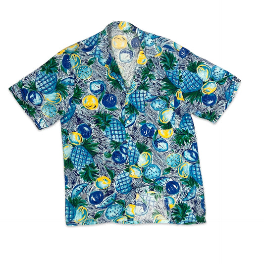 Vintage 80s Blue Pineapple Print Hawaiian Shirt M L