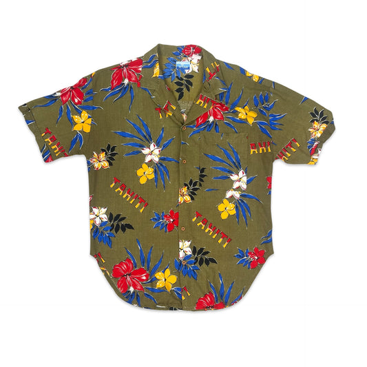 Vintage Green "Tahiti" Print Hawaiian Shirt M L