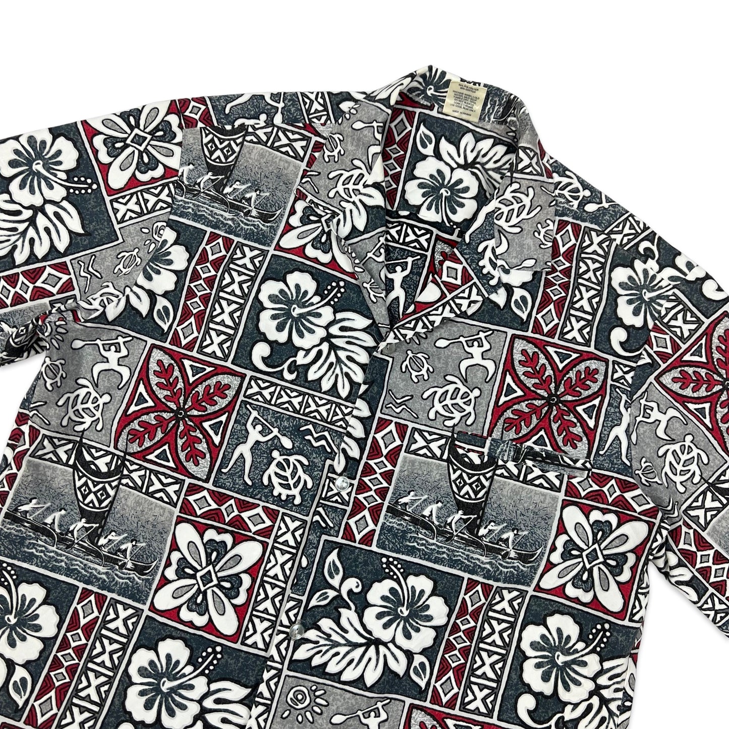 Vintage Grey & Red Made in Hawaii Abstract Print Hawaiian Shirt M L