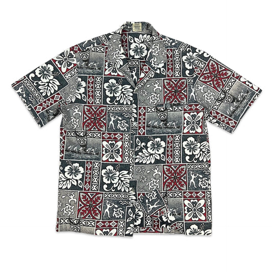 Vintage Grey & Red Made in Hawaii Abstract Print Hawaiian Shirt M L