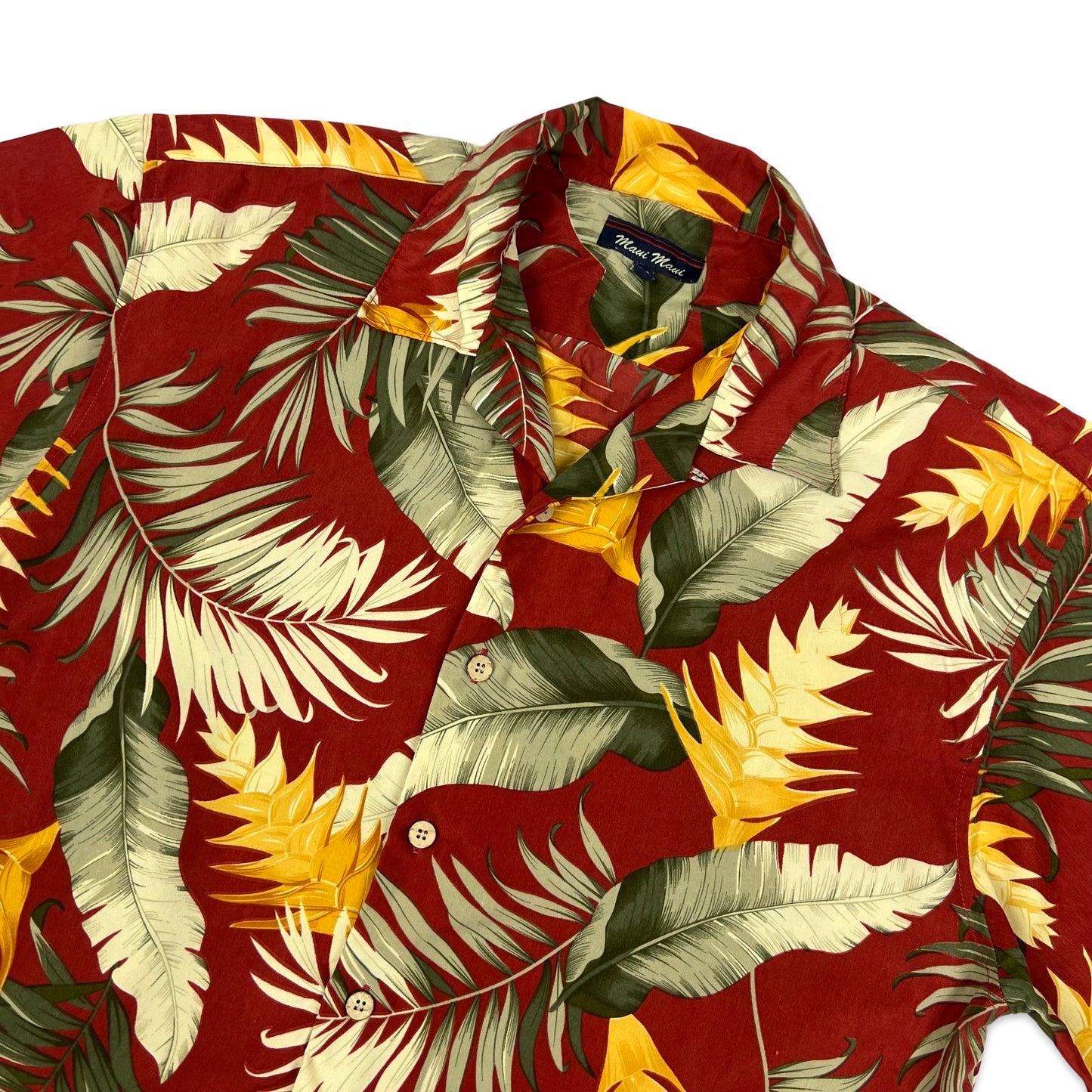 Vintage Red & Green Leaf Print Hawaiian Shirt L XL
