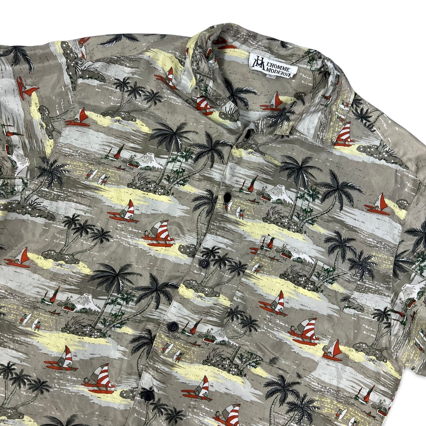 Vintage Beach Theme Print Silk Hawaiian Shirt M L