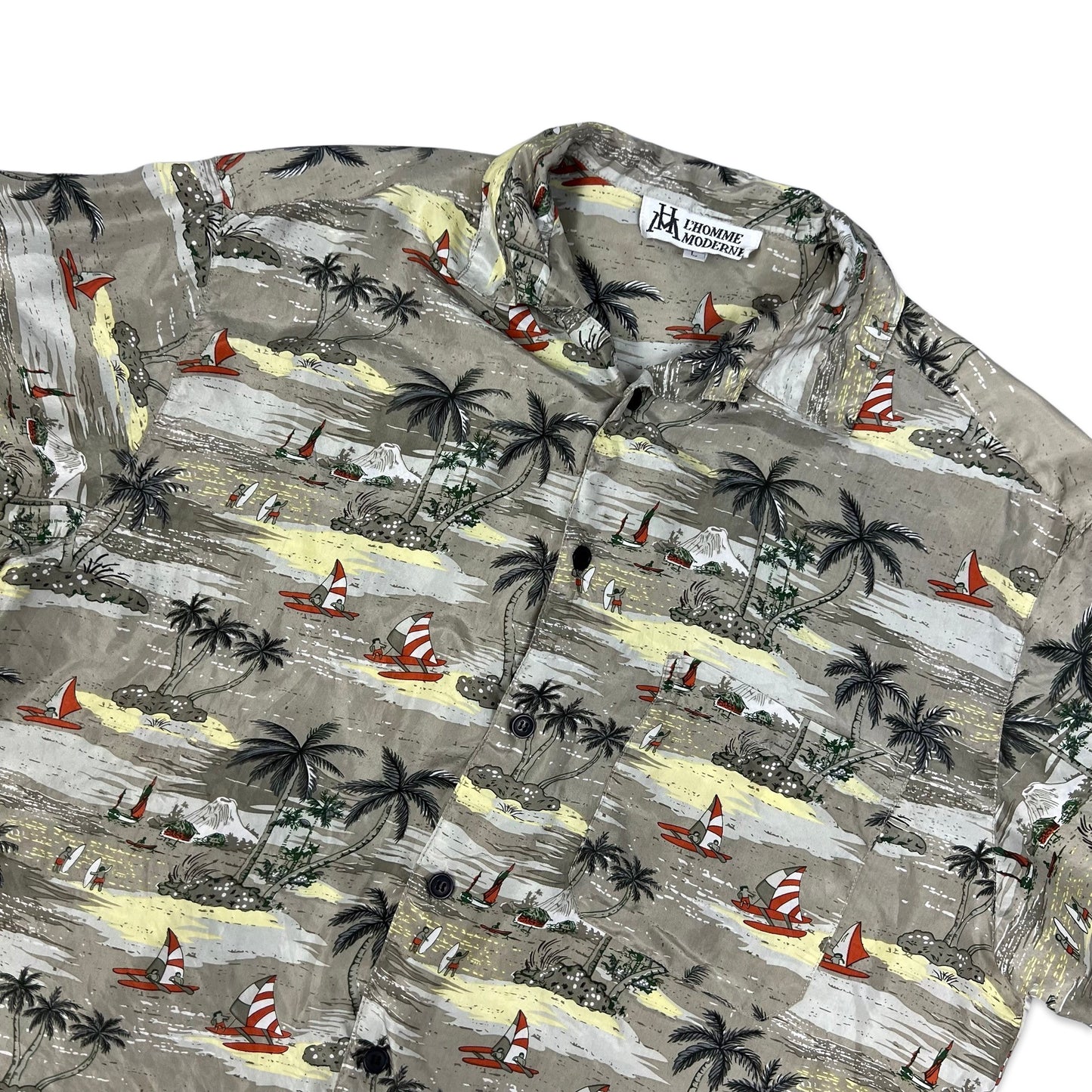 Vintage Beach Theme Print Silk Hawaiian Shirt M L