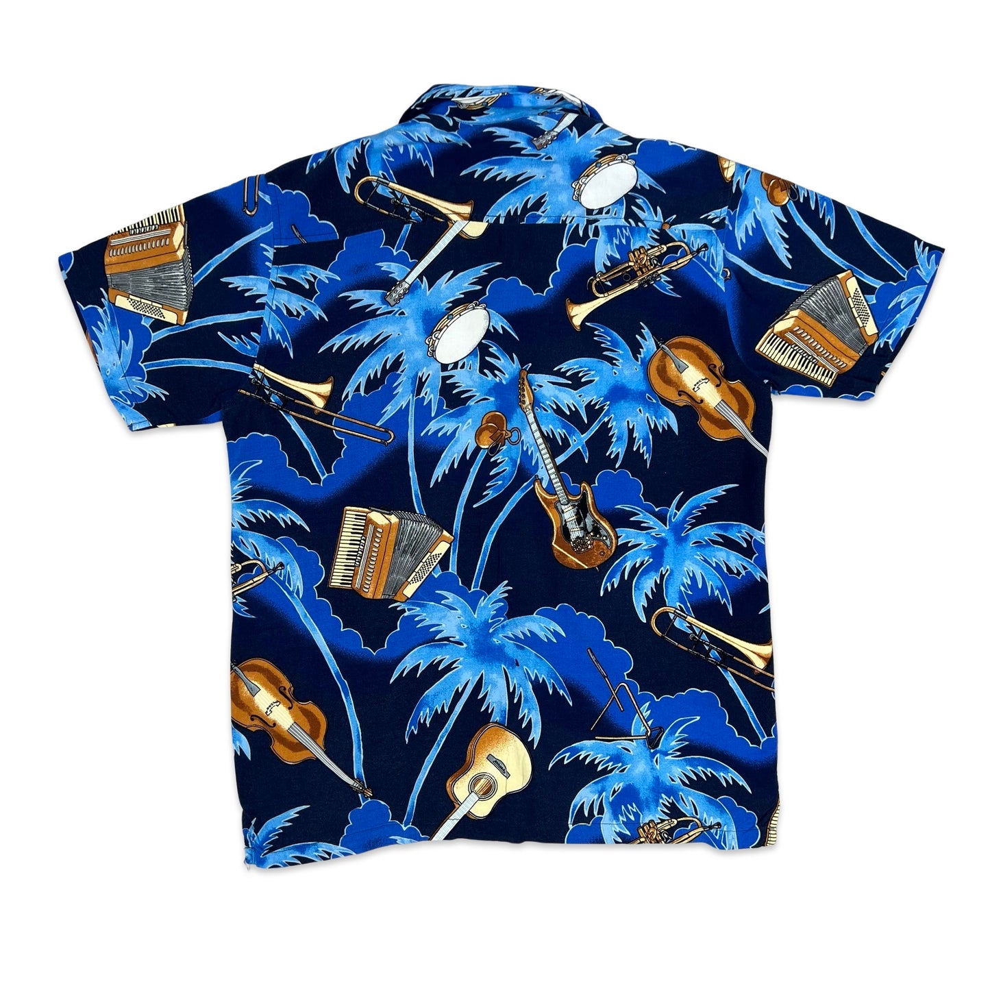 Vintage Blue Musical Instrument Print Hawaiian Shirt M L