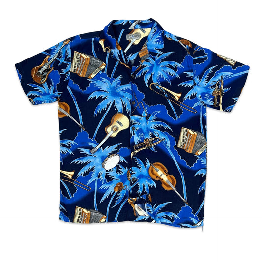 Vintage Blue Musical Instrument Print Hawaiian Shirt M L