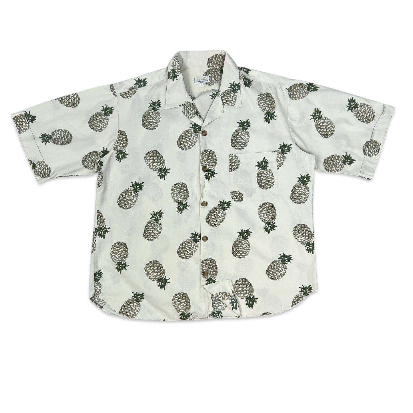Vintage Pineapple Print White Hawaiian Shirt L XL