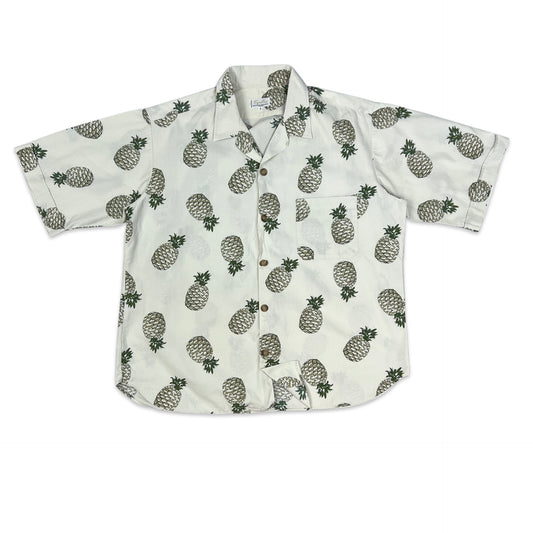 Vintage Pineapple Print White Hawaiian Shirt L XL
