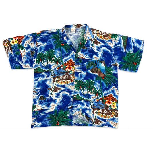Vintage Blue & Green Island Print Hawaiian Shirt L XL