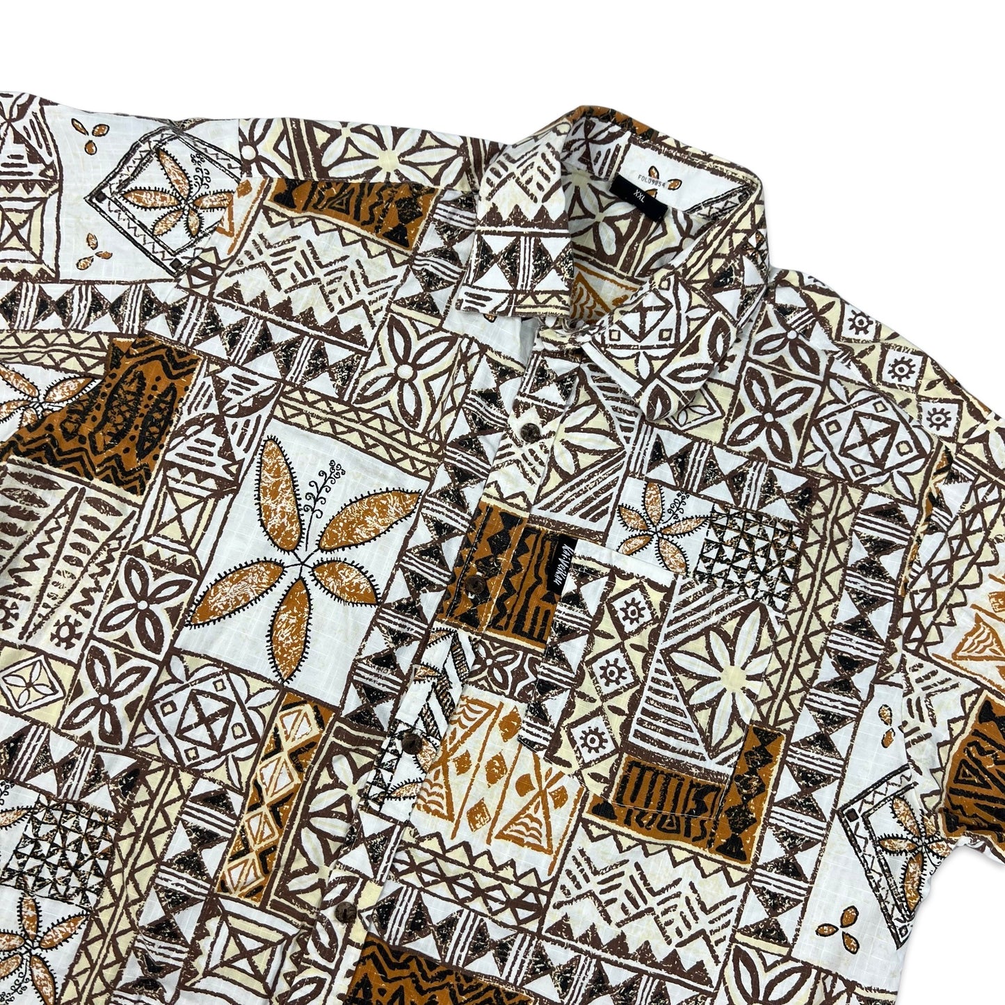 Vintage Y2K White & Brown Abstract Print Hawaiian Shirt XL XXL