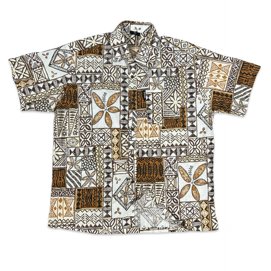 Vintage Y2K White & Brown Abstract Print Hawaiian Shirt XL XXL