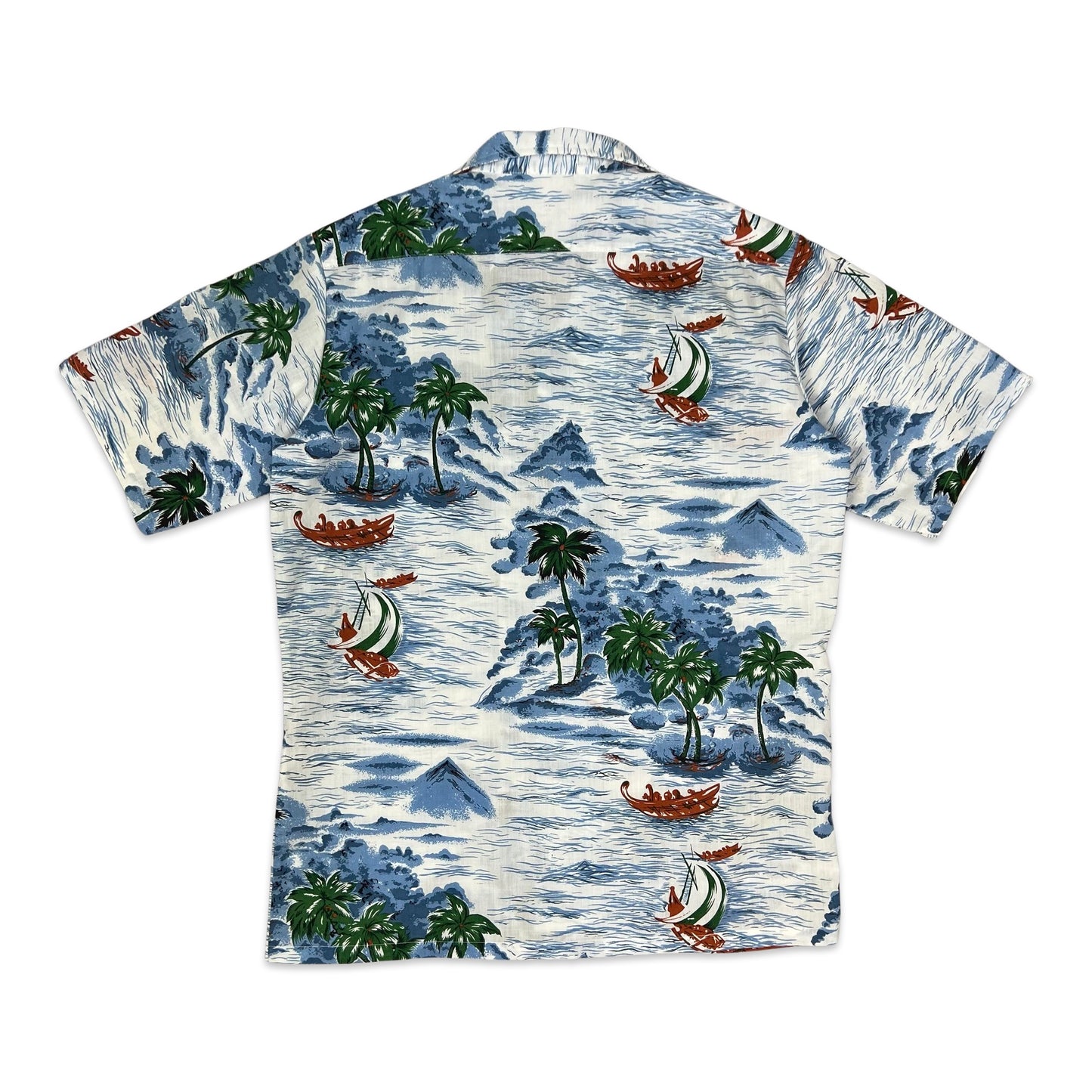 Vintage White Blue & Green Island Print Hawaiian Shirt S M