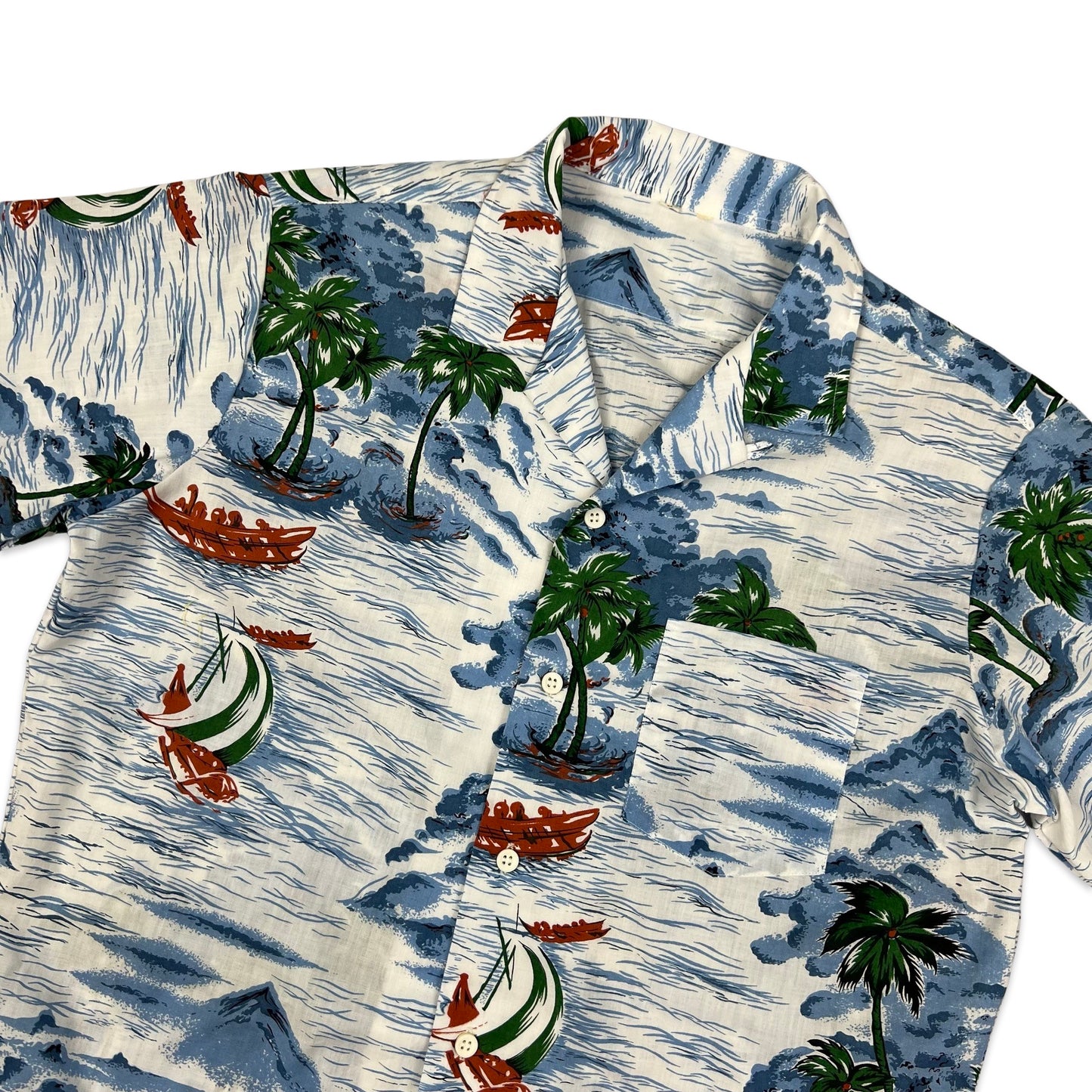 Vintage White Blue & Green Island Print Hawaiian Shirt S M