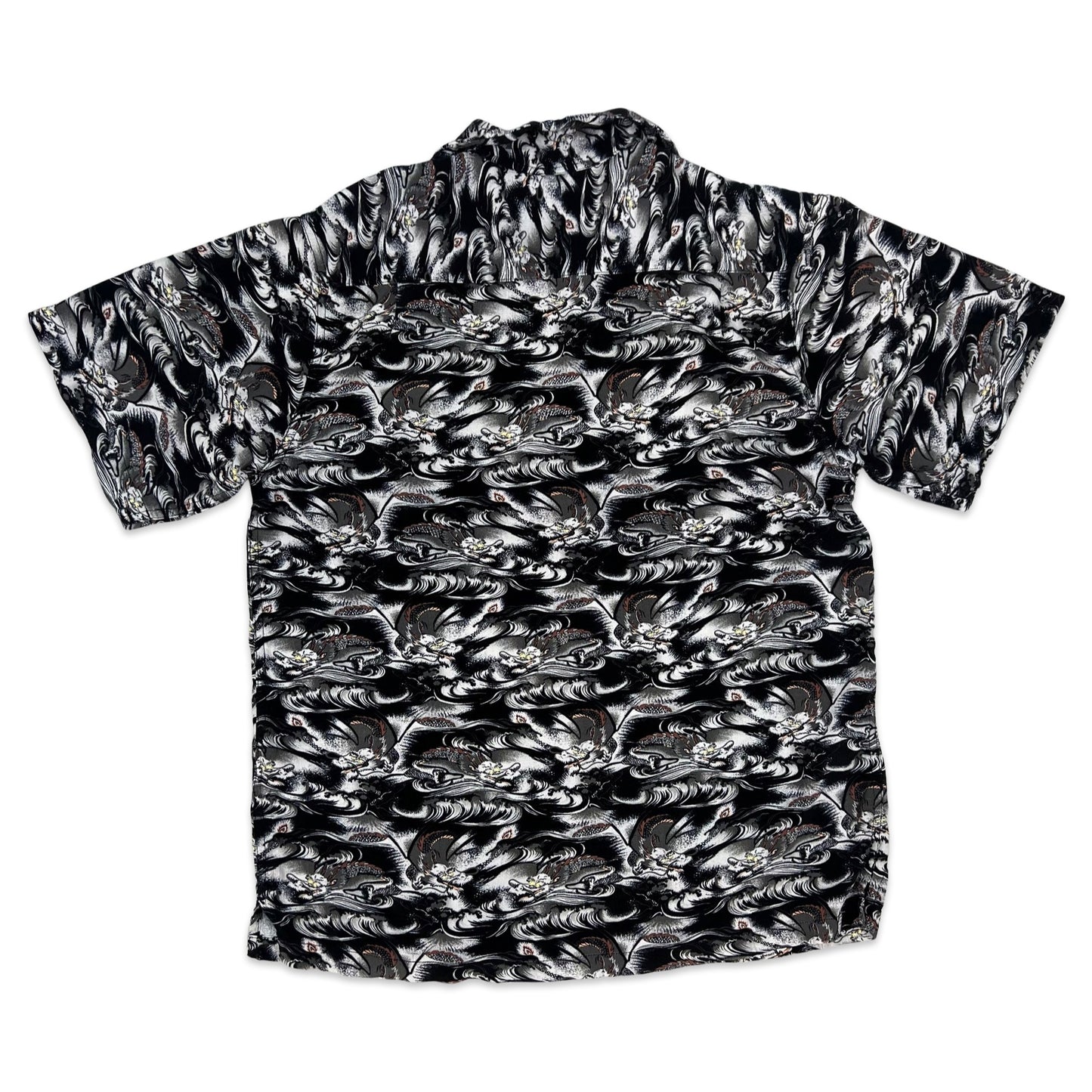 Vintage Y2K Black & White Dragon Print Hawaiian Shirt S M
