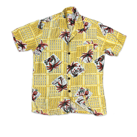 Vintage Yellow Palm Tree Print Hawaiian Shirt S M