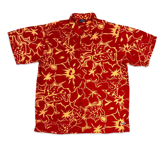 Vintage Y2K Red and Orange Hawaiian Floral Print Shirt XL XXL