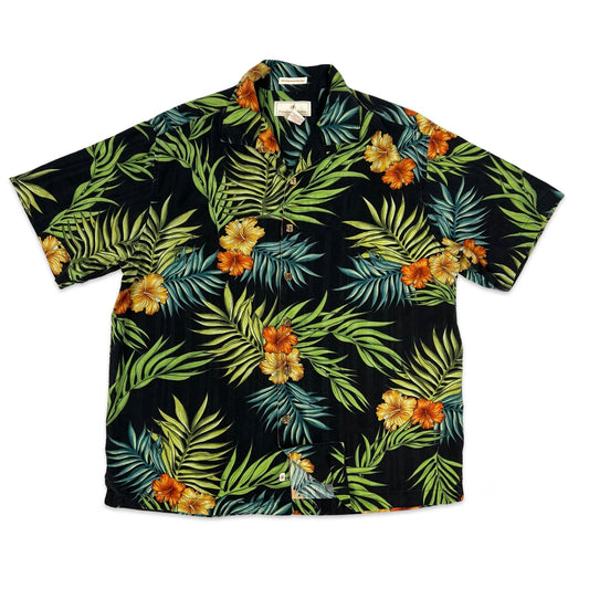 Vintage Botanical Print Black Green & Orange Silk Hawaiian Shirt M L