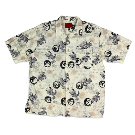 90s Y2K White & Black Oriental Print Shirt XL