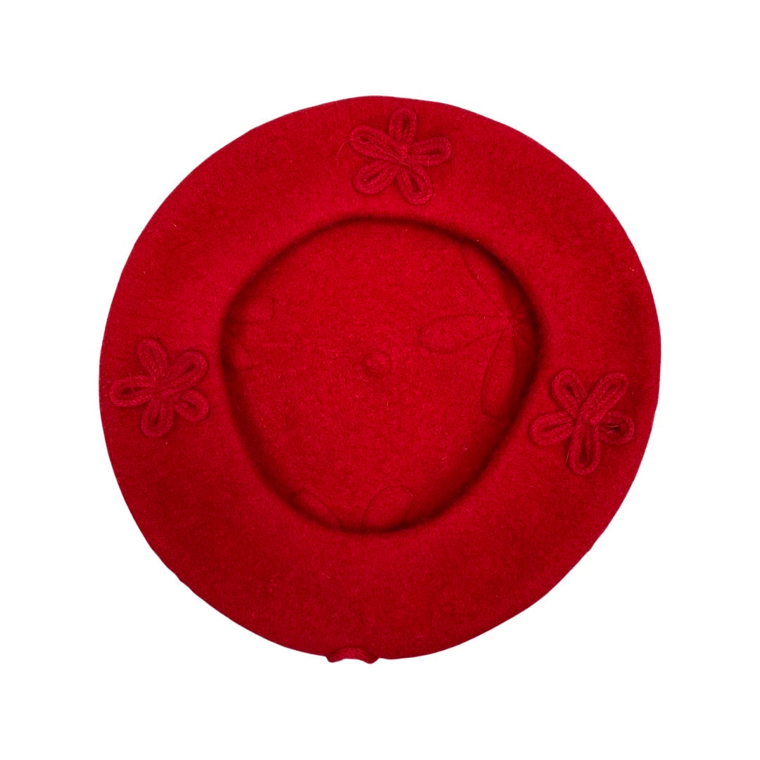Vintage Red Stitched Flowers Beret