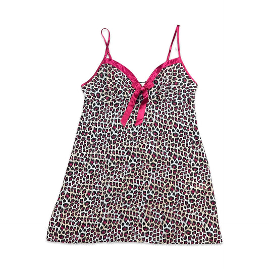 90s Y2K Hot Pink Black Animal Print Sheer Mini Slip Dress 6 8 10