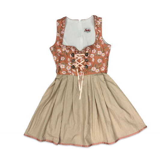 80s Pink & Brown Polka Dot & Floral Lace Up Mini Dirndl Dress 12