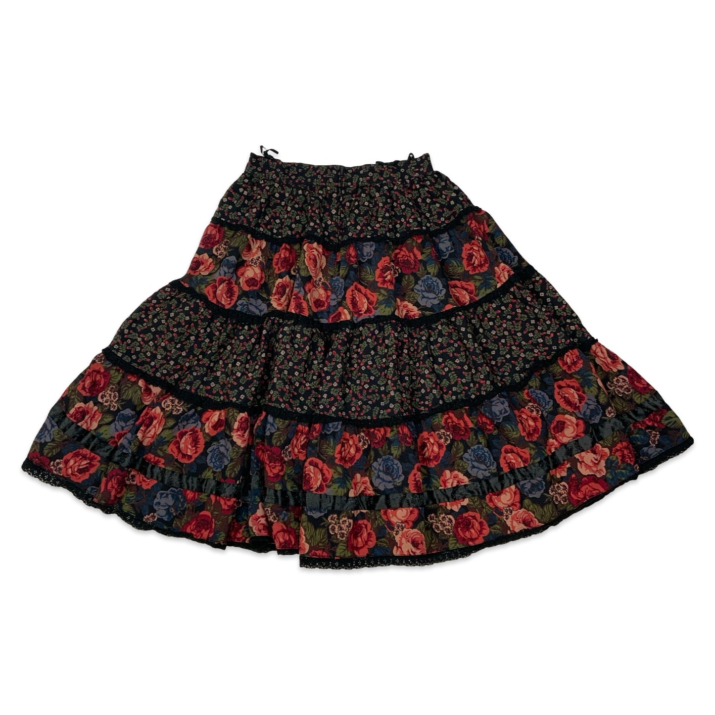 Vintage Black & Red Floral Tiered Prairie Skirt 10