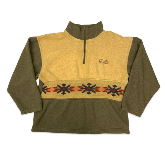 Vintage Yellow & Green 1/4-zip Snowflake Motif Sweatshirt L