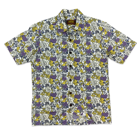 Y2K White Purple & Yellow Botanical Print Aloha Shirt M