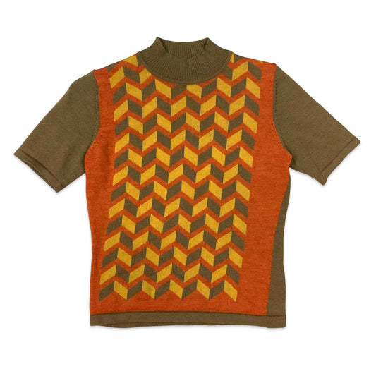 Vintage 90s Green & Orange Patterned Knit Short Sleeve Jumper 10
