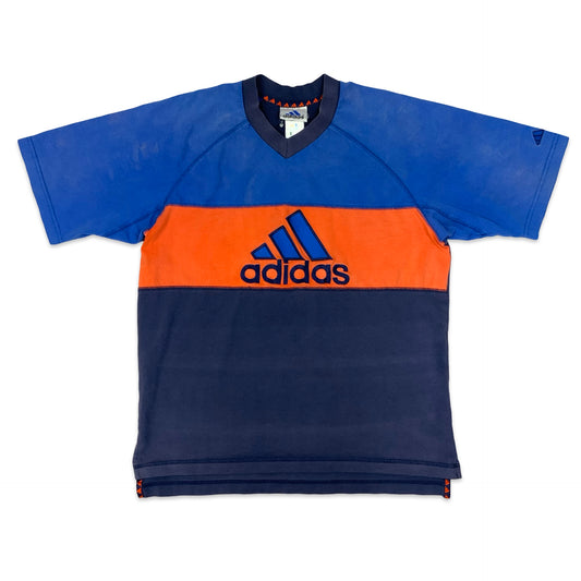 Vintage 90s Adidas Blue & Orange Embroidered Big Logo Tee L