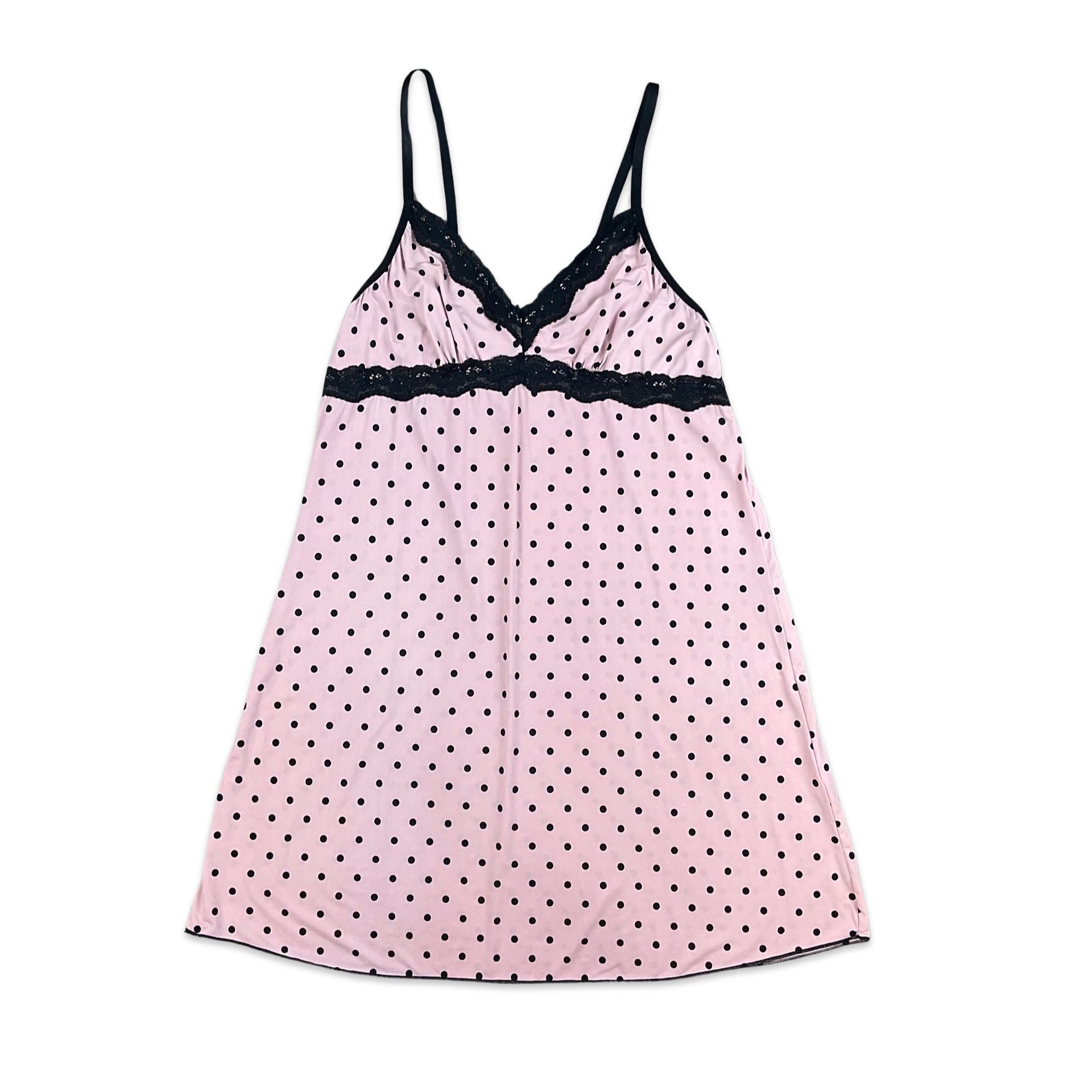 90s Y2K Baby Pink Black Polka Dot Slip Dress 8 10 12