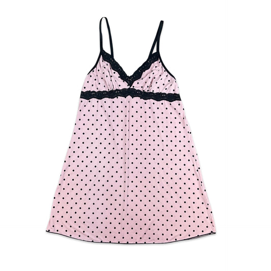 90s Y2K Baby Pink Black Polka Dot Slip Dress 8 10 12