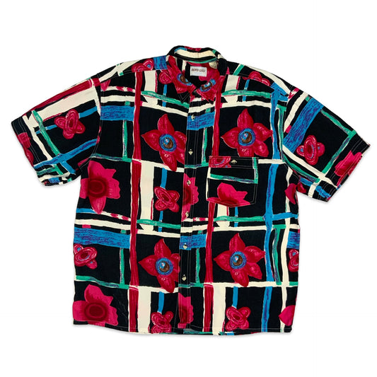 80s Multicoloured Floral Checkered Print Shirt L