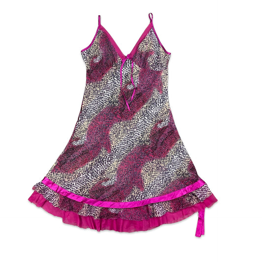 Vintage Y2k Hot Pink Purple Beige Animal Print Sheer Slip Babydoll Midi Dress 6 8