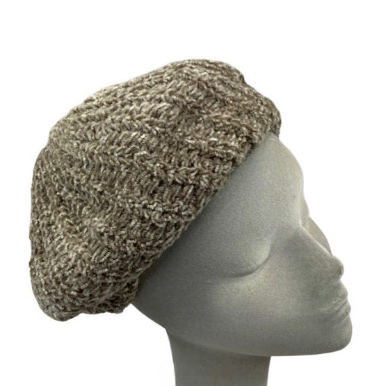 Vintage Brown Beige Chenille Beret