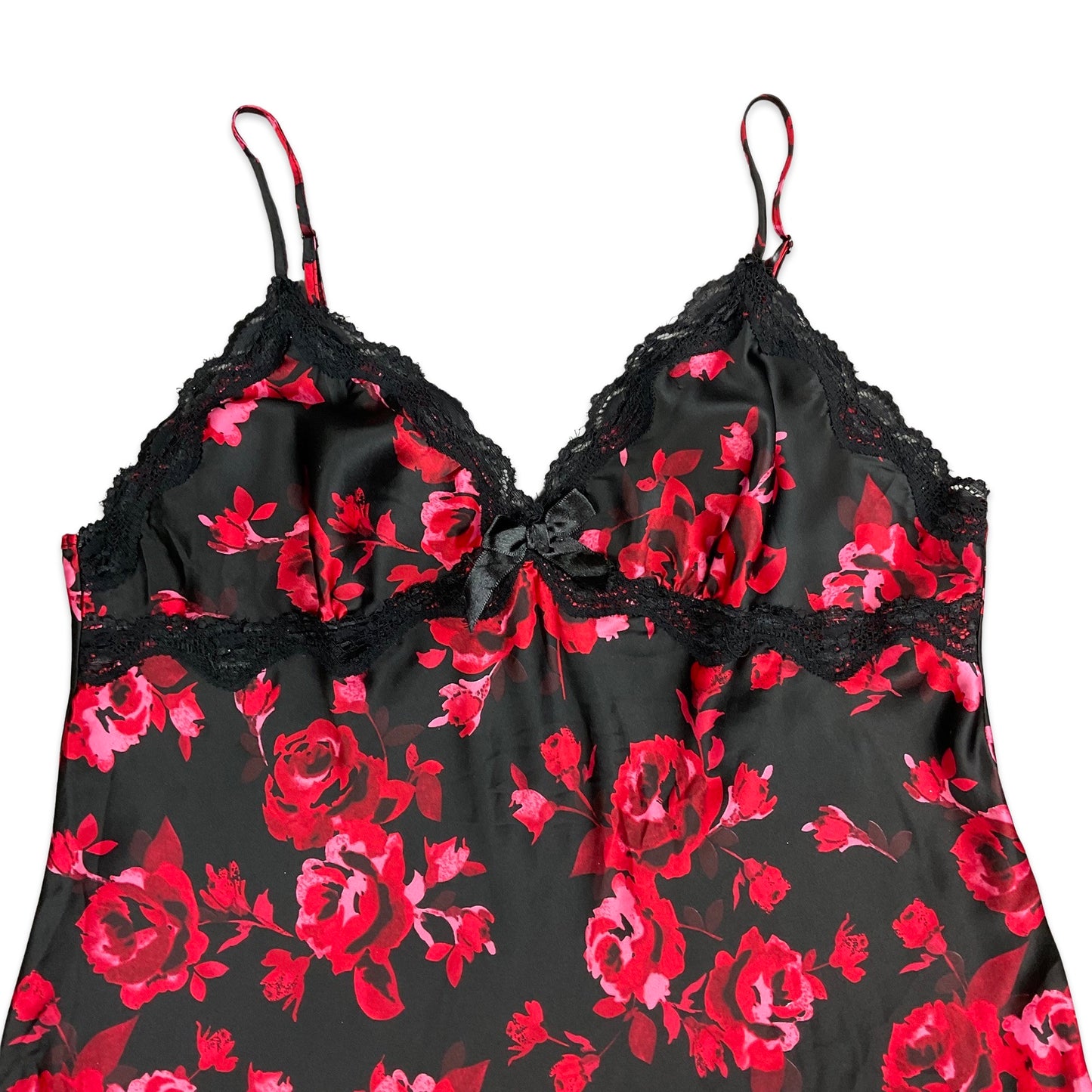 Vintage 90s Red Black Floral Lace Cami Slip Dress 10 12